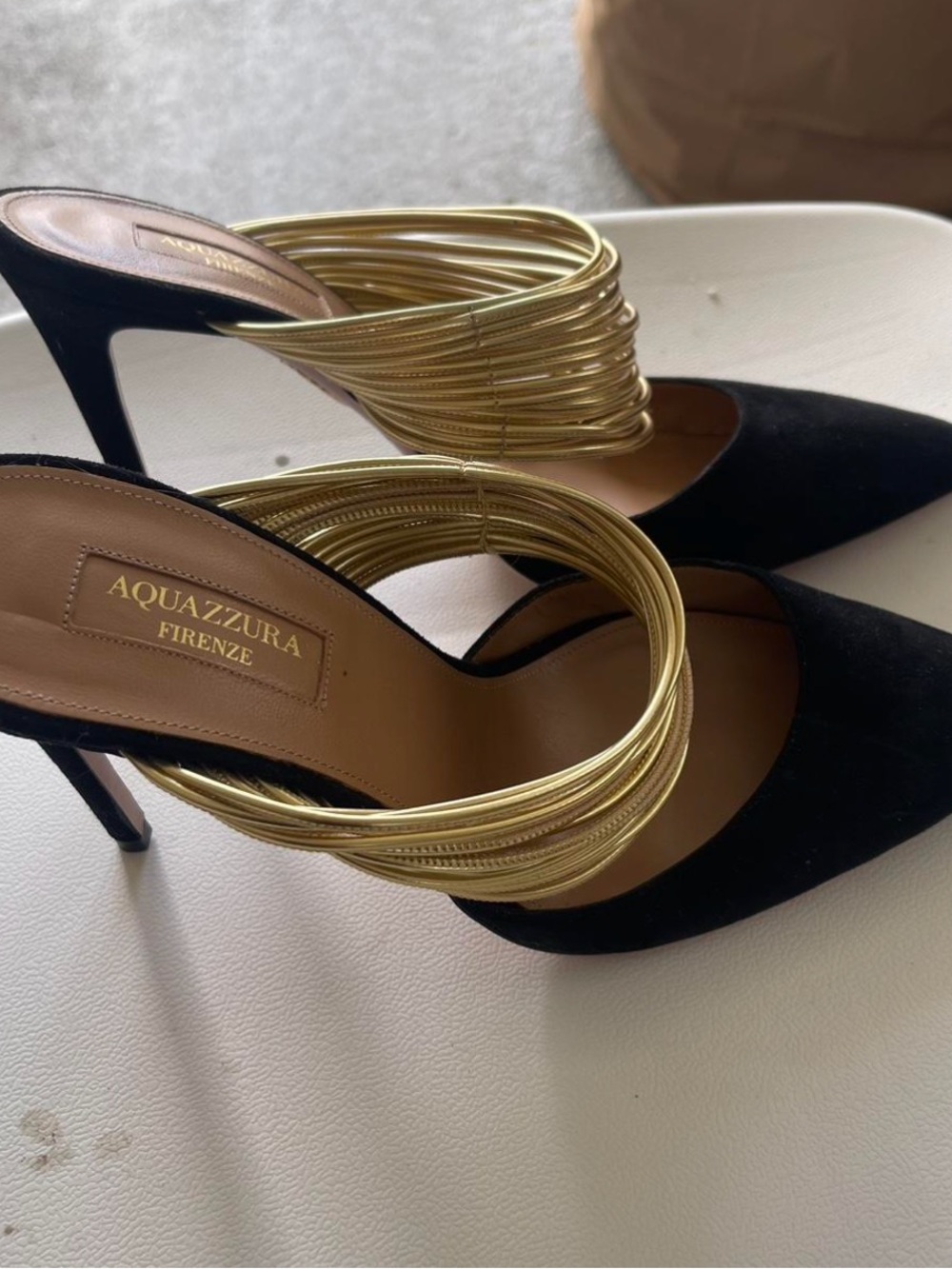 Aquazzura Black Suede Pointed-Toe Heels with Gold Coil Strap